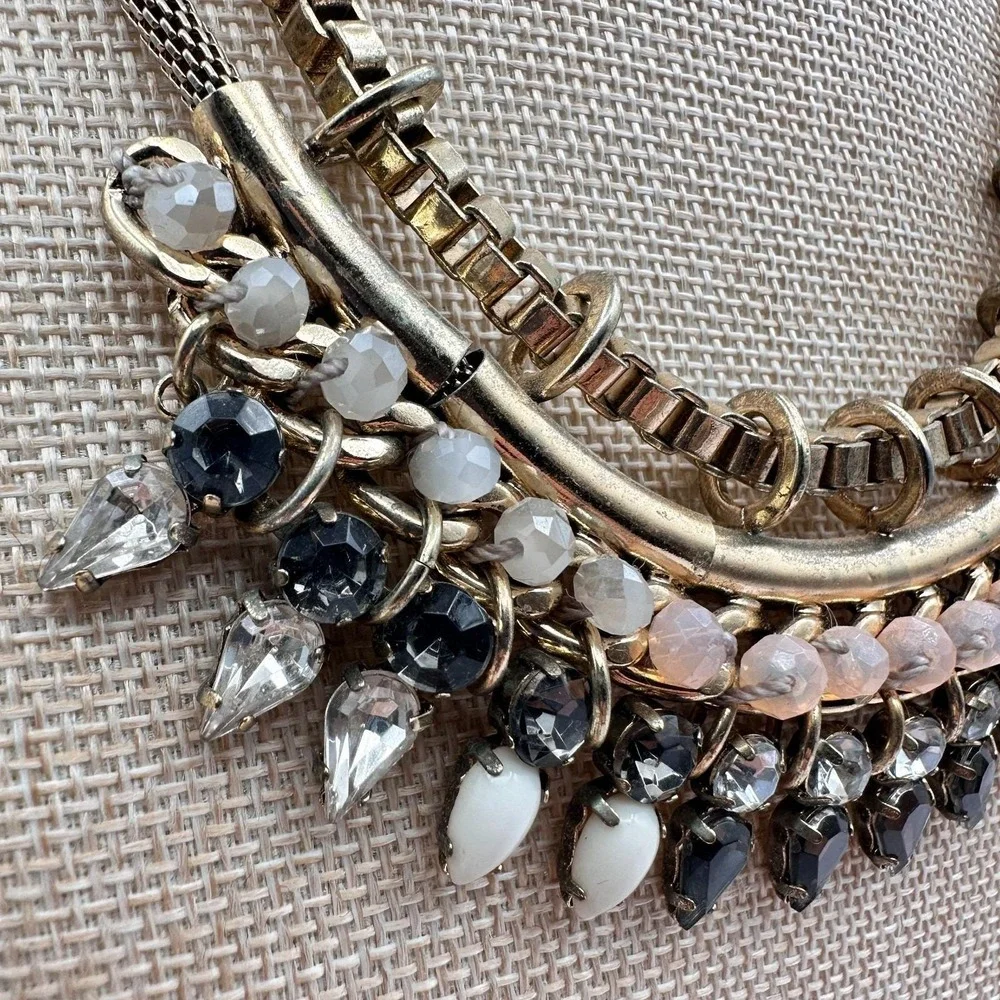 Vintage 90s Express Gold Tone Rhinestone Bib Necklace Statement‎ Fashion Jewelry